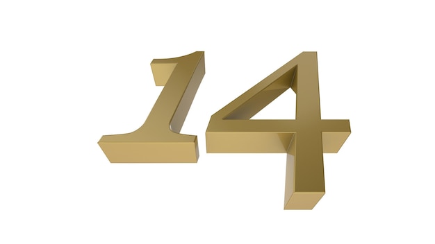 Gold number 14 fourteen 3d illustration rendering