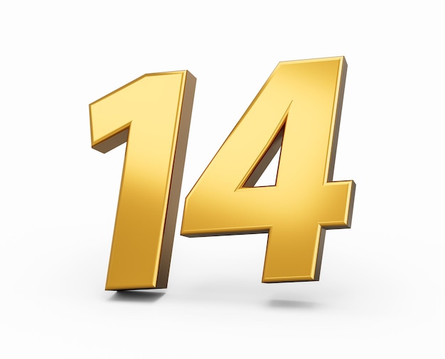 Photo gold number 14 fourteen isolated white background shiny 3d number 14 made of gold 3d illustration