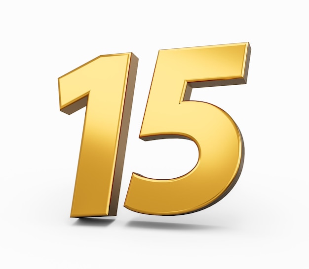 Gold number 15 fifteen isolated white background shiny 3d number 15 made of gold 3d illustration