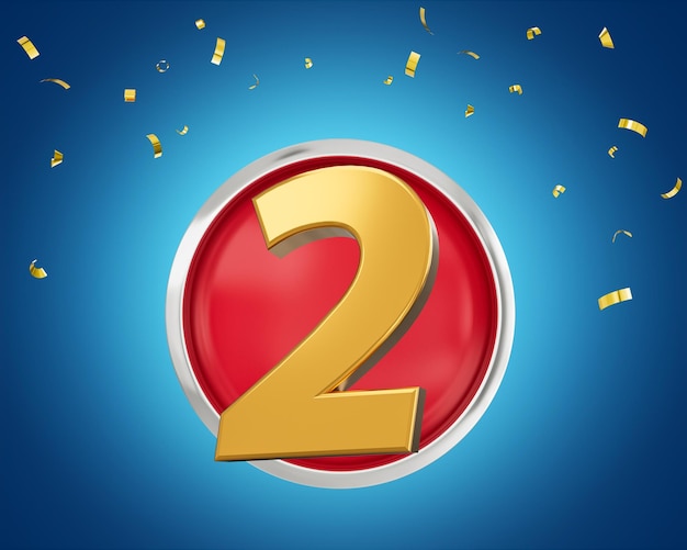 Photo gold number 2 gold number two on rounded red icon with particles on blue background 3d illustration