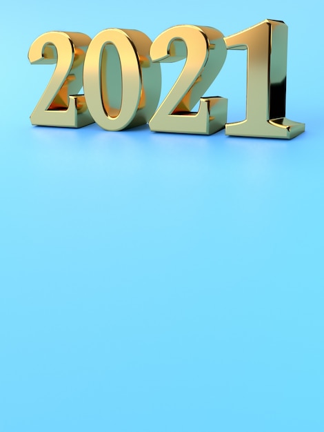 Gold number 2021 of new year on blue background. 3d rendering