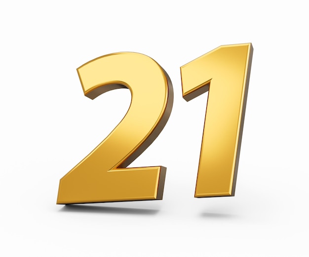 Gold number 21 Twenty one isolated white background shiny 3d number 21 made of gold 3d illustration