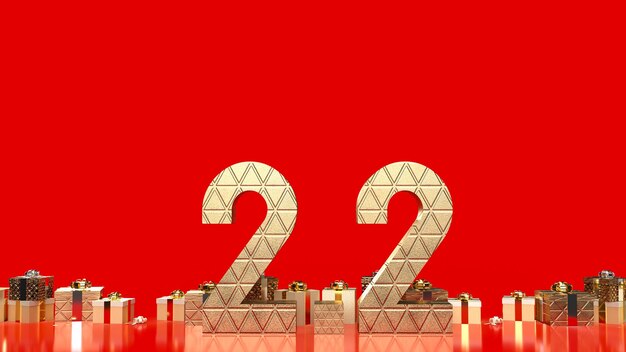 The gold number 22 and gift box on red background for sale or promotion concept 3d rendering