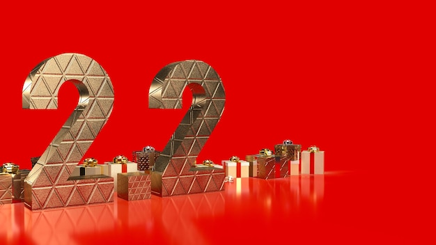The gold number 22 and gift box on red background for sale or promotion concept 3d rendering