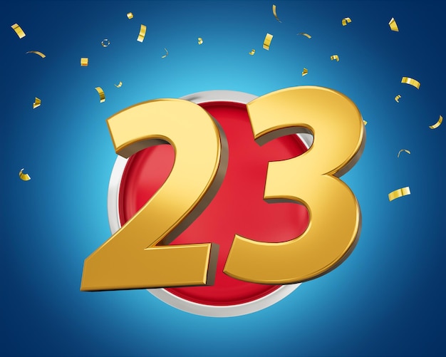 Photo gold number 23 gold number twenty three on rounded red icon with particles 3d illustration