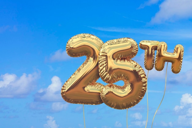 밝은 파란색 여름 하늘을 배경으로 골드 번호 25 호일 생일 풍선 골든 파티 축하 3D 렌더링
