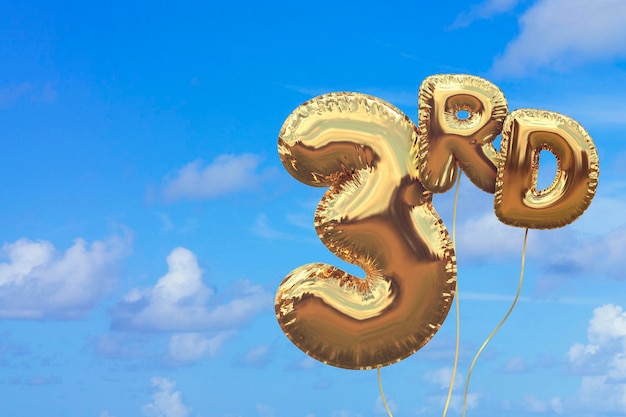 Photo gold number 3 foil birthday balloon against a bright blue summer sky golden party celebration 3d rendering