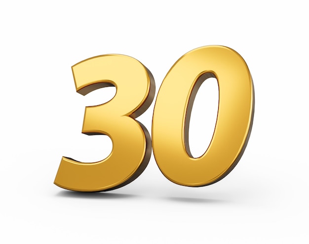 Gold number 30 Thirty isolated white background shiny 3d number 30 made of gold 3d illustration