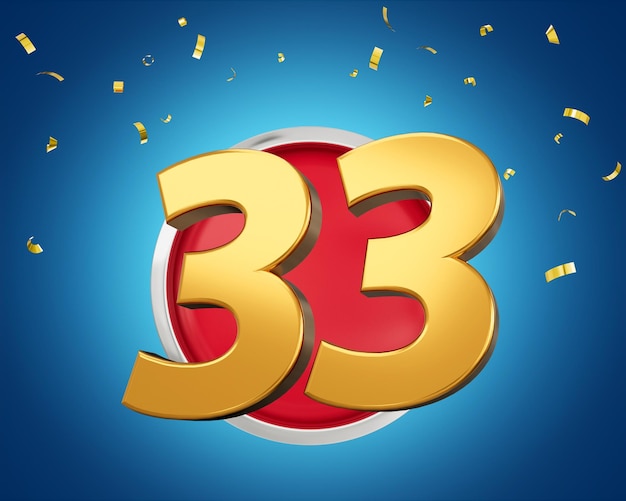 Gold Number 33 Gold Number Thirty Three On Rounded Red Icon with Particles 3d illustration