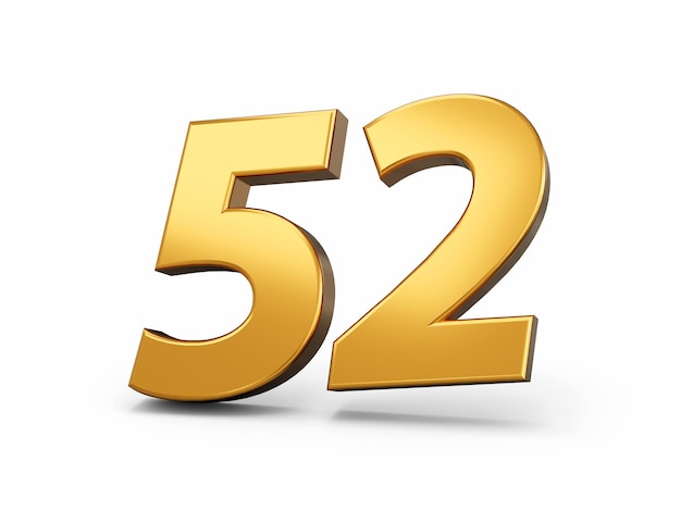 Gold number 52 Fifty two isolated white background shiny 3d number made of gold 3d illustration