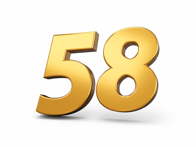 Gold number 58 Fifty eight isolated white background shiny 3d number made of gold 3d illustration