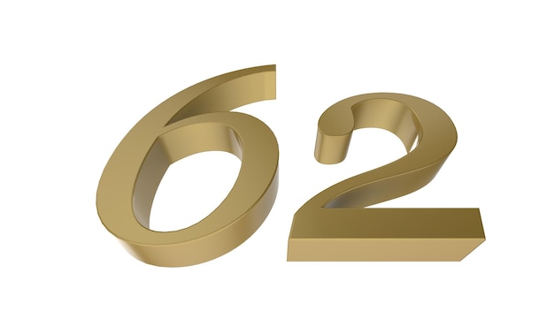 Gold number 62 digit metal 3d render illustration