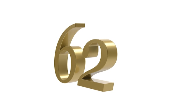 Gold number 62 digit metal 3d render illustration