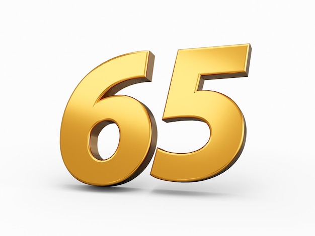 Gold number 65 Sixty five isolated white background shiny 3d number made of gold 3d illustration