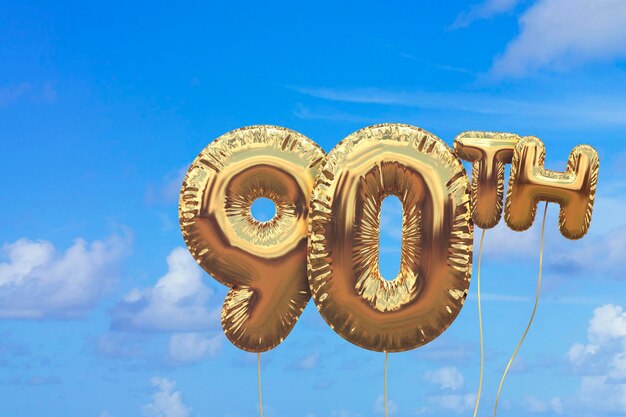 Gold number 90 foil birthday balloon against a bright blue summer sky Golden party celebration 3D Rendering