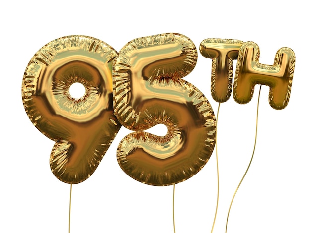 Gold number 95 foil birthday balloon isolated on white Golden party celebration 3D Rendering