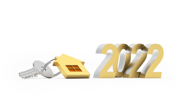 Gold number of new year and key with home keychain