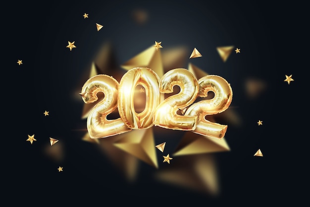 Gold numbers 2022 from gold foil balloons. happy new year.\
modern design on a dark background. design template, header for the\
site, poster, new year\'s card. 3d illustration, 3d render.