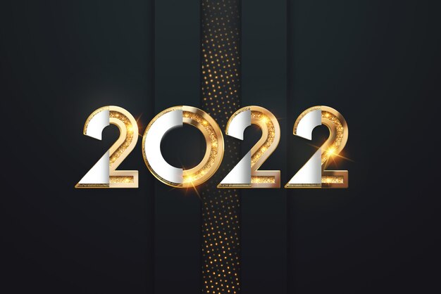 Gold Numbers 2022 럭셔리, 어두운 배경의 VIP. 새해 복 많이 받으세요. 현대적인 디자인, 템플릿, 사이트 헤더, 포스터, 연하장, 전단지. 3D 그림, 3D 렌더링입니다.