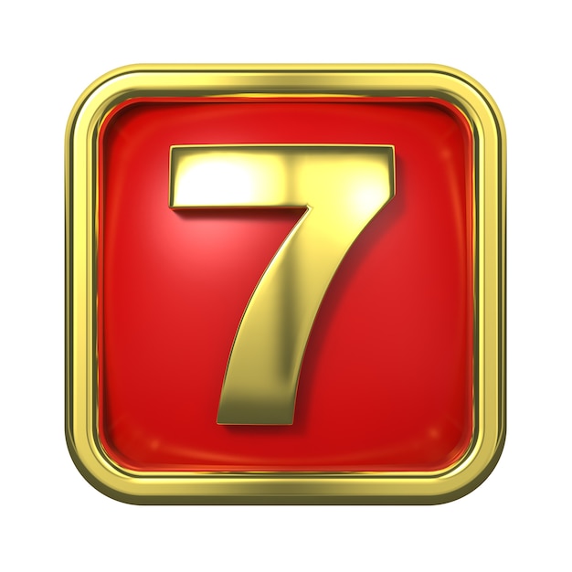 Gold Numbers in Frame, on Red Background. Number 7