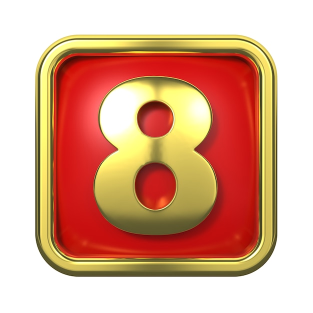 Gold Numbers in Frame, on Red Background. Number 8