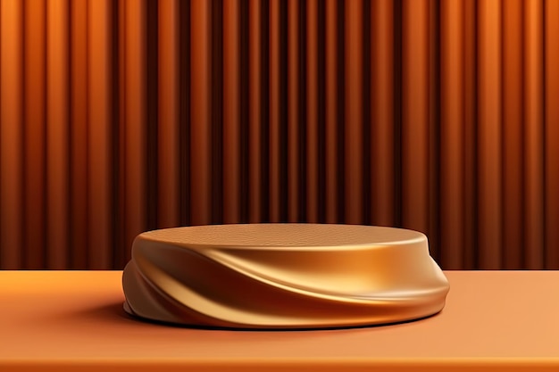 A gold object on a table in front of a curtain