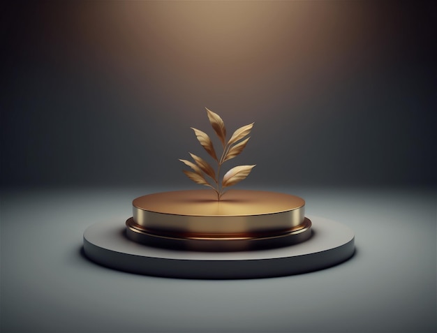 A gold object with a leaf on it is on a table.