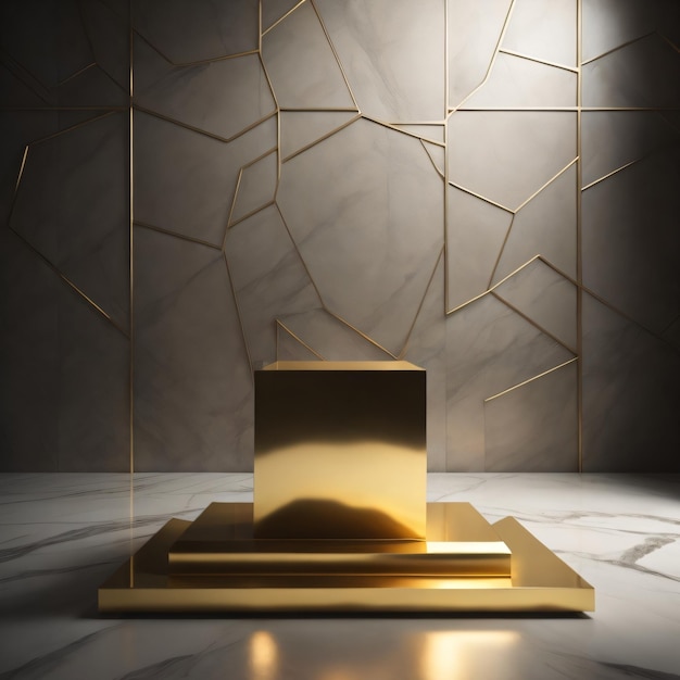 A gold object with a square base sits on a marble counter.