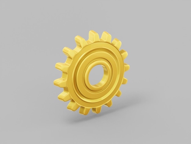 Foto ingranaggio color oro su sfondo grigio piatto. oggetto di design minimalista. elemento dell'interfaccia ui ux dell'icona di rendering 3d.
