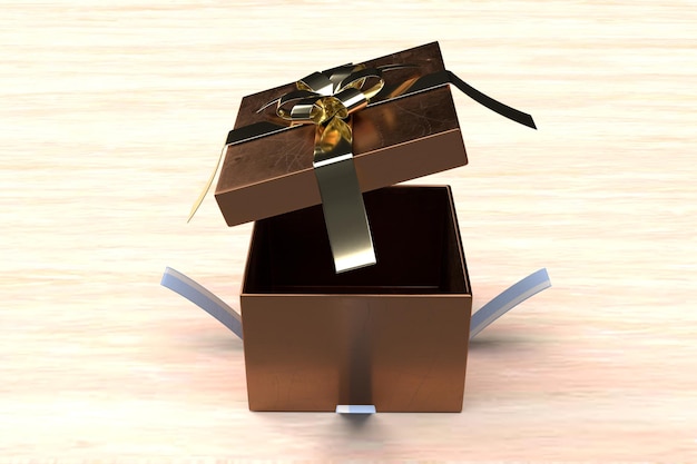 Золотая открытая подарочная коробка с лентой на деревянном фоне 3d рендеринг