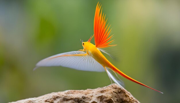 a gold and orange bird with a white tail and a red tail