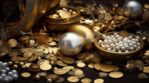 Gold ornaments and gold balls on a table