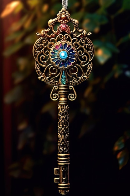 a gold ornate key with a blue gem