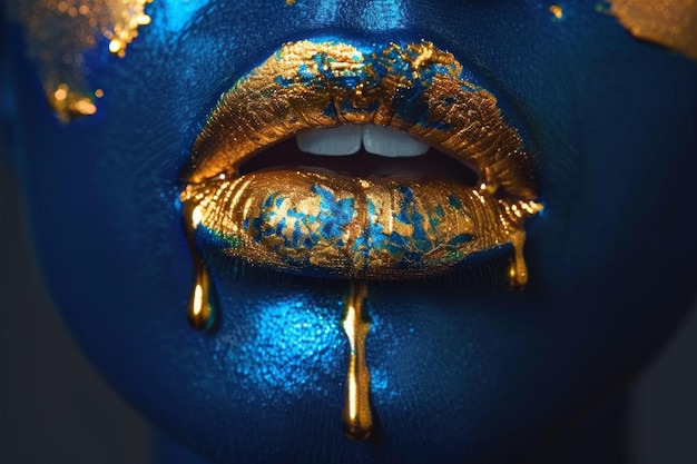 Gold Paint Drips From Lips Lipgloss Dripping Golden Liquid Drops on Beautiful Model Girls Mouth