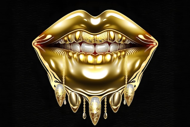 Фото Золотая краска с губ золотые губы на красивой модели рот девушки макияж красота макияж крупным планом нейронная сеть сгенерирована искусственным интеллектом