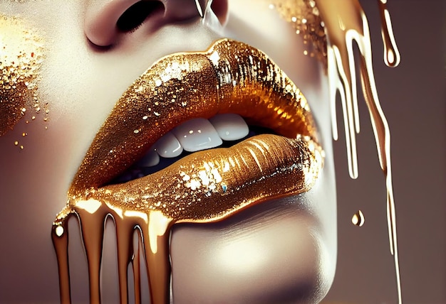 prompthunt: gold glossy paint dripping on beautiful woman full