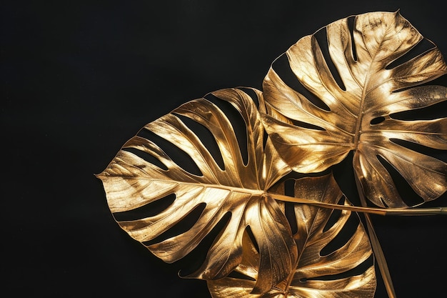 Photo gold painted monstera leaves on black background for luxury fashion concept