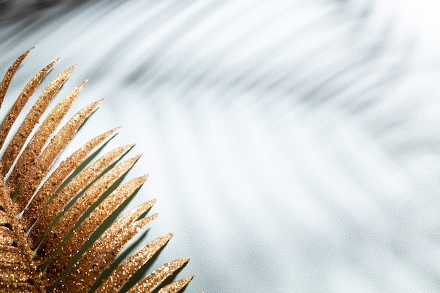 Photo gold palm leaves and shadows on a blue wall.