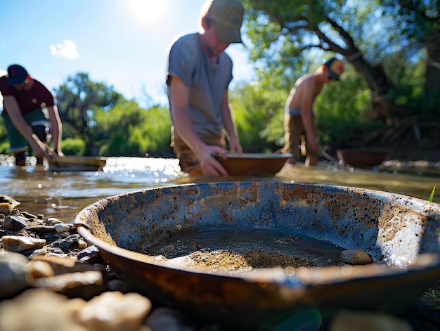 Photo gold panning wornout pan hopeful miners sifting through river sediment under a sweltering sun photography backlighting depth of field bokeh effect wormseye view