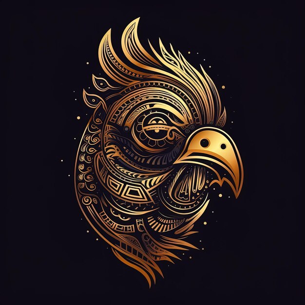 A gold parrot with a black background and a gold parrot head