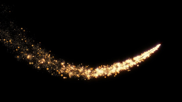 Gold Particles trail Glowing bokeh particle Isolated on black background Overlay Xmas golden color