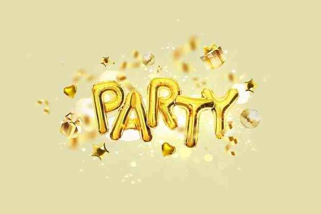 Gold Party Balloons fly with golden gifts confetti mirrored balloons stars and hearts on a beige background with sparkles Luxury Party a creative idea