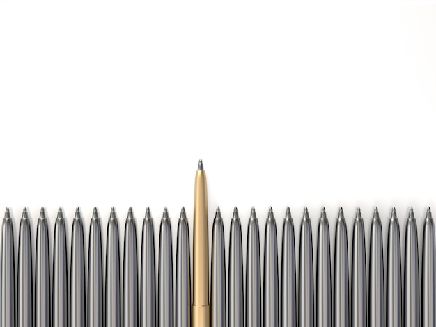 Золотая ручка выделяется из хромированных ручек, выделяясь из толпы приготов. 3D-рендеринг