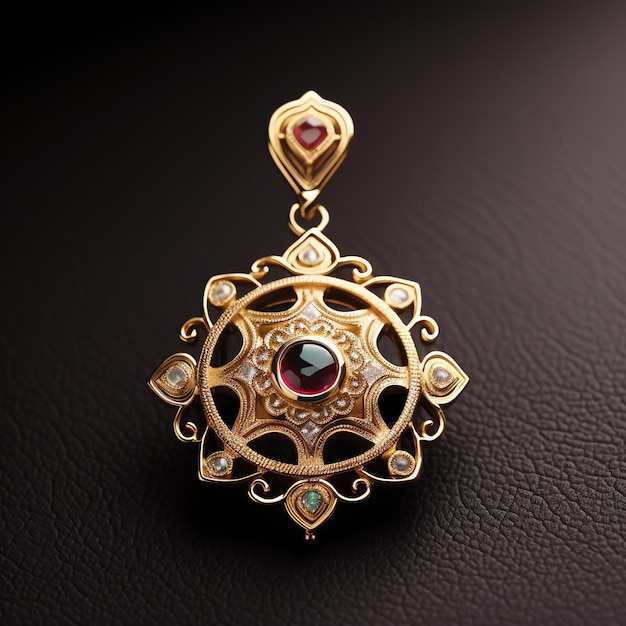 a gold pendant with a red stone and diamonds