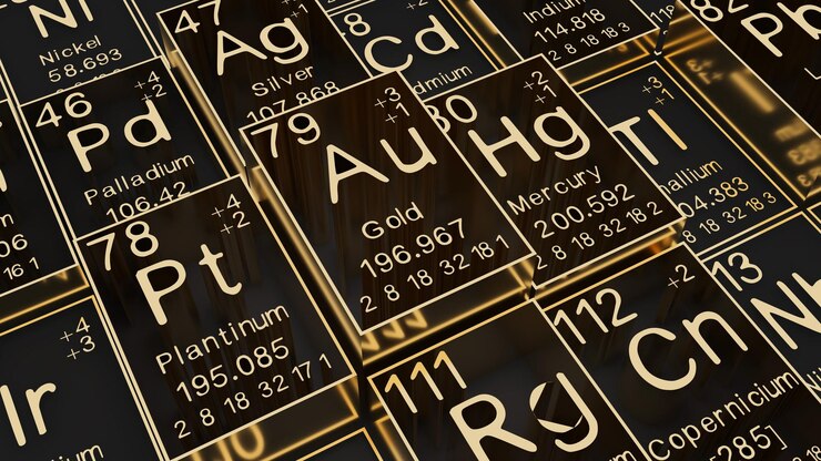 Photo gold on the periodic table of the elements on black blackgroundhistory of chemical elements