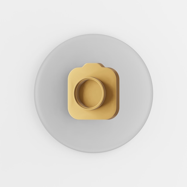 Icona della fotocamera foto d'oro. pulsante chiave tondo grigio rendering 3d, elemento dell'interfaccia utente ux.