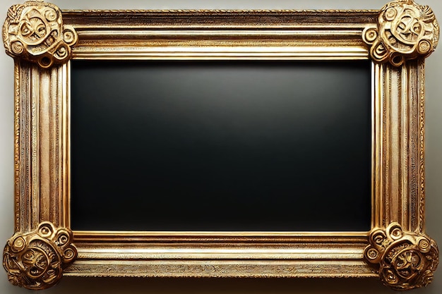 Gold picture frame mockup with decor in corners on dark background