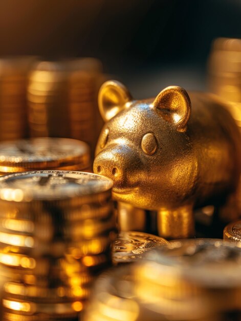 Gold Pig Figurine on Pile of Coins