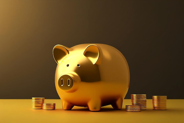 gold piggy bank on dark background