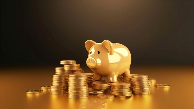 A gold piggy bank sits on top of a pile of gold coins.